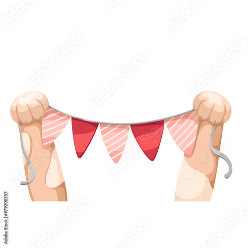 Cats cartoon paws hold festive flags on rope. Funny animal with birthday party or carnival garland. Celebration, happy holiday mascot, cartoon kitty paws show pennant flags decor vector illustration