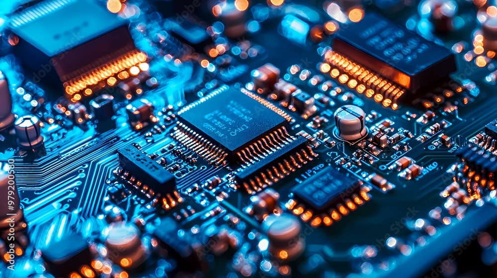 Obraz premium Close-up of a vibrant microchip circuit board with glowing components.