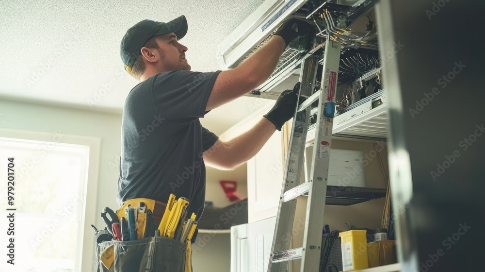 © sirisakboakaew - A home improvement expert performing electrical and air conditioner repairs in a home, using a ladder and toolbox to access and fix various systems for the homeowner comfort