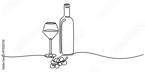 Bottle of wine with wineglass and grape bunch in continuous line art drawing style. Wine list. Minimalist black linear sketch isolated on white background. Vector illustration, continuous line drawing