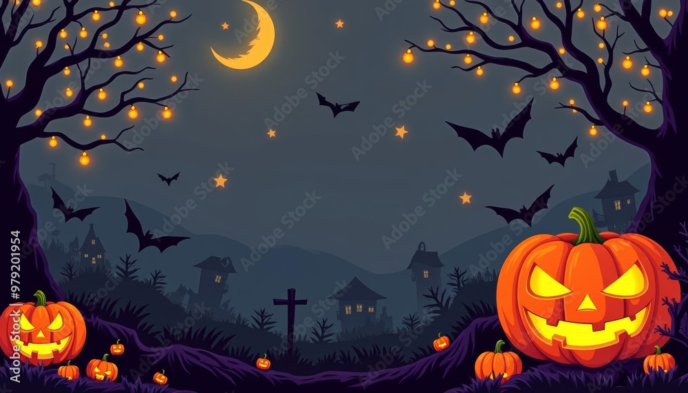 Spooky Halloween night scene with jackolanterns and bats Spooky Halloween night scene with jackolanterns and bats