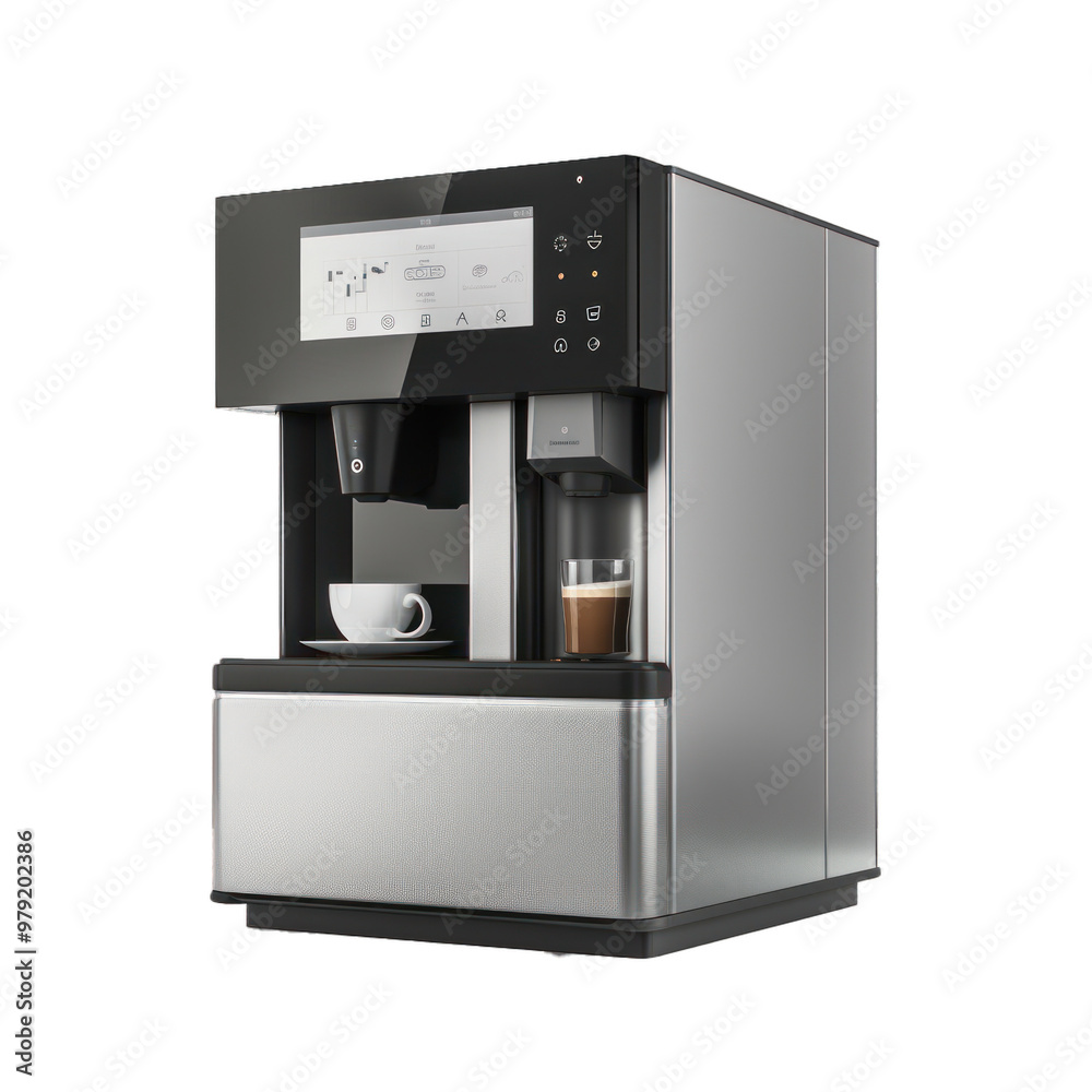 Modern coffee machine with touch screen display preparing coffee and espresso beverages Modern coffee machine with touch screen display preparing coffee and espresso beverages