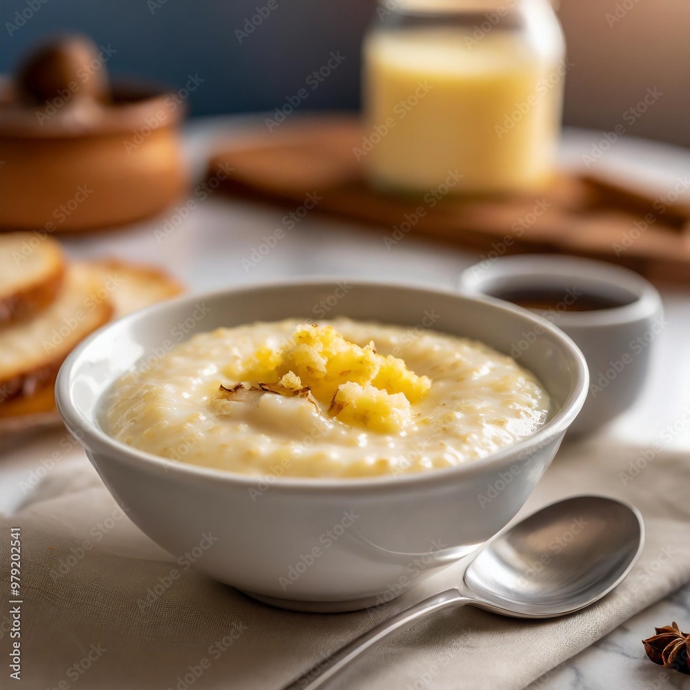 Comforting breakfast porridge with depth of field showcasing creamy textures and warm flavors Comforting breakfast porridge with depth of field showcasing creamy textures and warm flavors