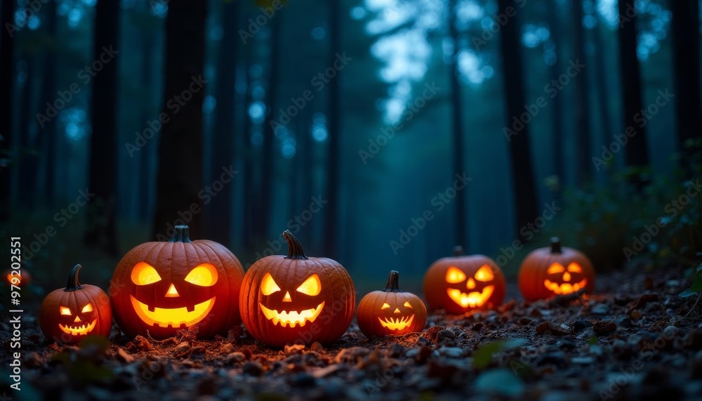 Eerie Halloween in the woods with glowing jackolanterns Eerie Halloween in the woods with glowing jackolanterns