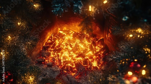 Close-up of glowing embers in a cozy fireplace, surrounded by festive lights, creating a warm and inviting atmosphere.