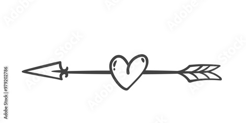 Cupids arrow with heart line icon. Outline retro romantic symbol of love and passion, hand drawn vintage divider for letter. Valentines Day mascot, arrow through heart icon vector illustration
