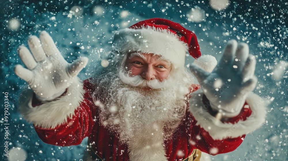 Joyful Santa Claus spreads festive cheer while snowflakes swirl around him, embodying the magic of Christmas time. Joyful Santa Claus spreads festive cheer while snowflakes swirl around him, embodying the magic of Christmas time.