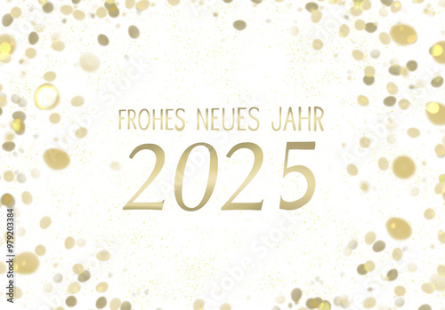 Golden text happy new year 2025 in german on white background.
