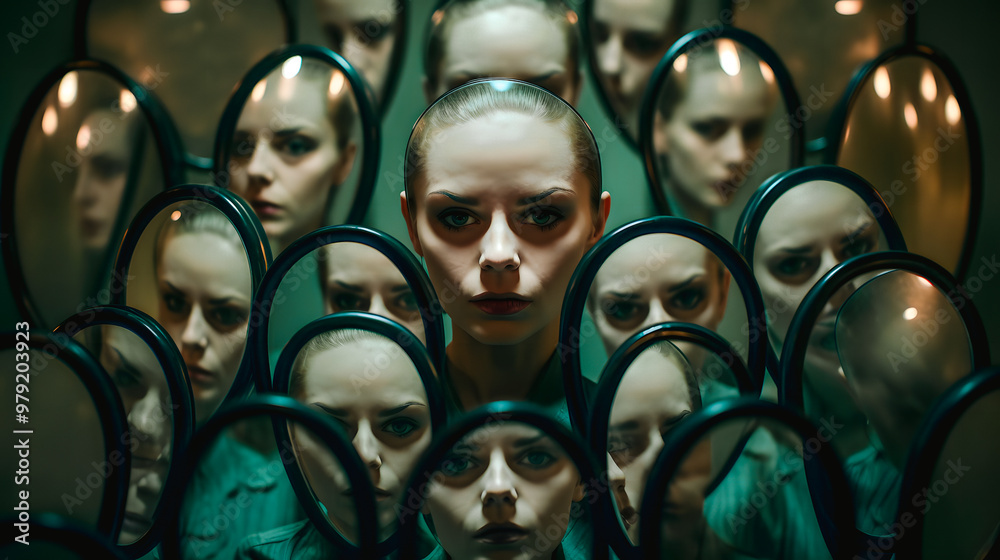 Obraz premium Visage de femme se reflétant dans des miroirs