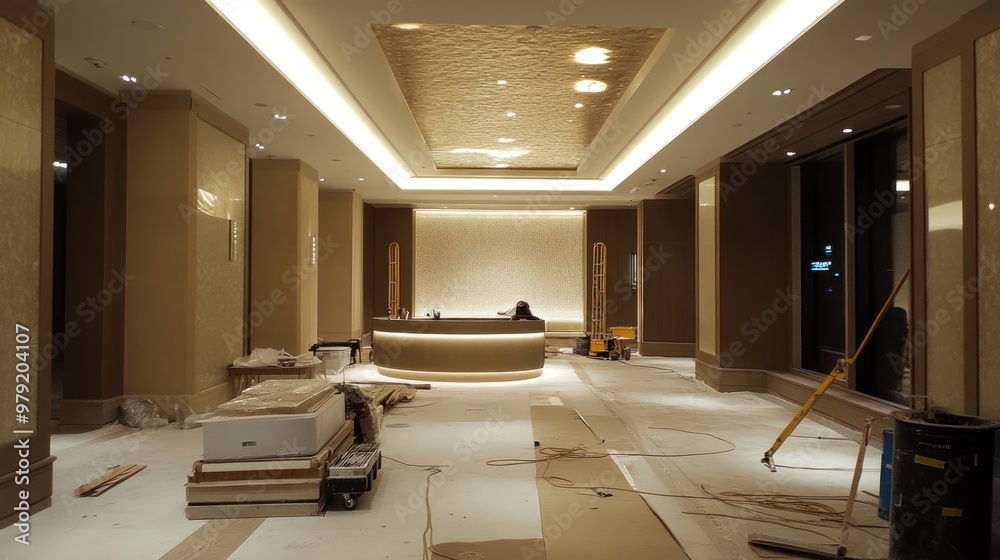 Obraz premium A luxurious commercial lobby renovation in progress, featuring large, open spaces, high-end lighting fixtures, and custom-designed wall treatments