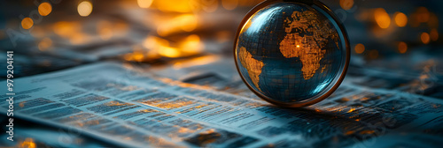 Obraz na płótnie Illuminated Globe on Newspaper - Global News Photo w salonie