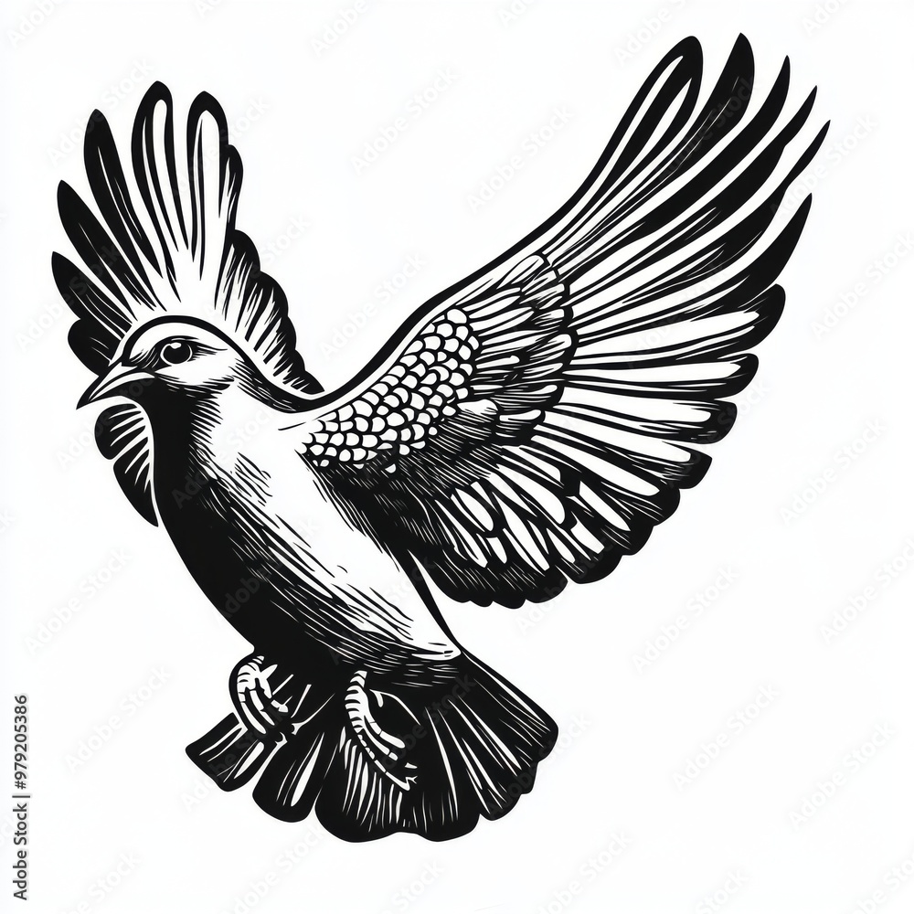 Fototapeta premium A black and white illustration of a dove in flight with its wings spread wide.