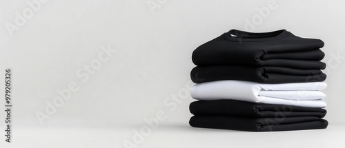 Folded stack of black and white tshirts arranged in alternating layers The crisp