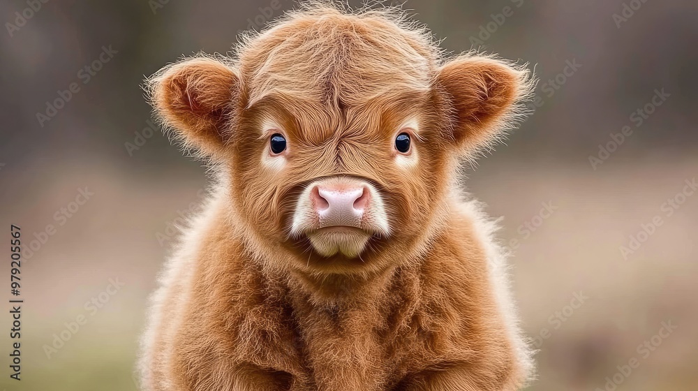 The adorable highland calf is held gently by its owner, its fluffy coat and sparkling eyes captivating attention in a serene outdoor setting