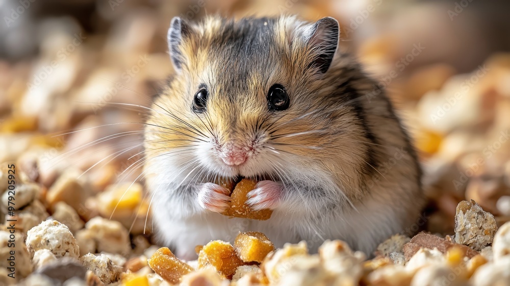 Cute Hamster Storing Food in Cheek Pouches - Close-up of Face and Paws in Natural Habitat Cute Hamster Storing Food in Cheek Pouches - Close-up of Face and Paws in Natural Habitat