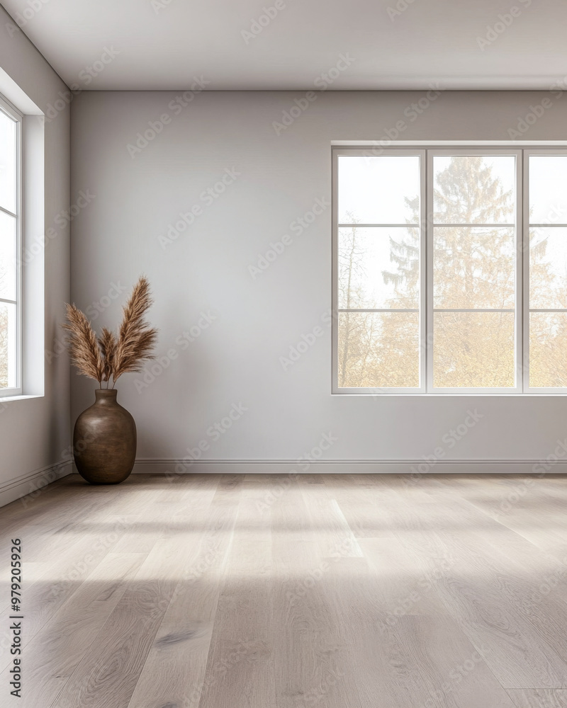 Fototapeta premium Spacious, Minimalist interior with large windows, natural light, and decorative vase in a tranquil setting