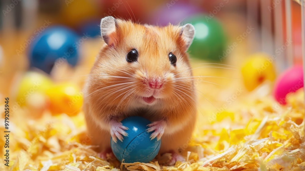 Hamster playing with a small ball in its cage with bright and vibrant colors of toys and bedding creating an engaging and energetic scene Hamster playing with a small ball in its cage with bright and vibrant colors of toys and bedding creating an engaging and energetic scene