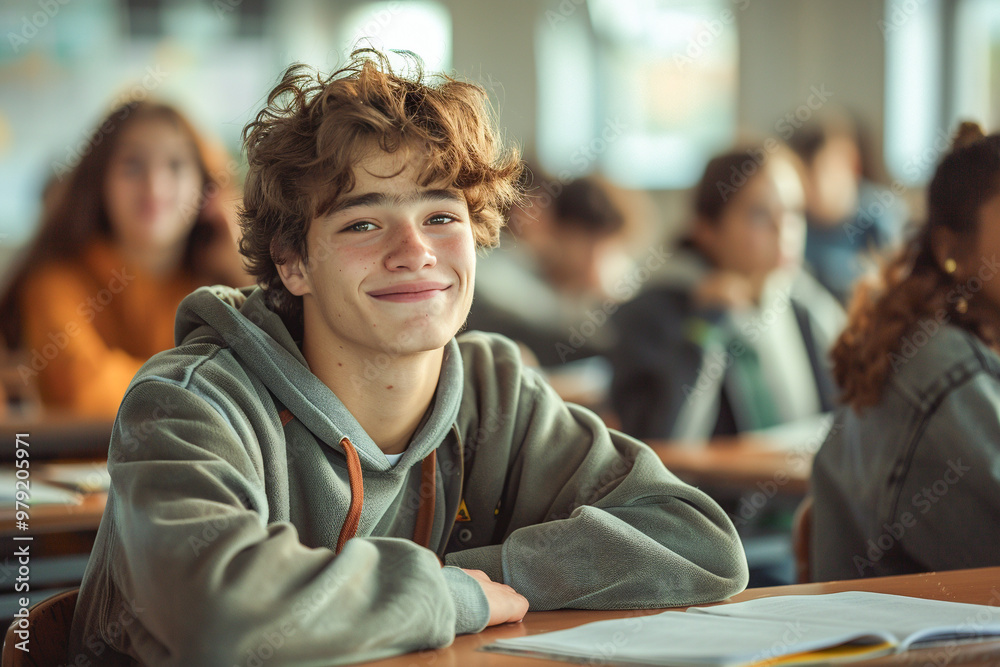 teenage boy in school class sitting at a desk, teen engaged in lesson, education with peers teenage boy in school class sitting at a desk, teen engaged in lesson, education with peers