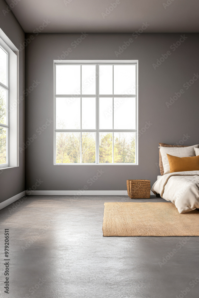 Cozy bedroom with large windows and natural light in a minimalist design overlooking a peaceful outdoor view Cozy bedroom with large windows and natural light in a minimalist design overlooking a peaceful outdoor view