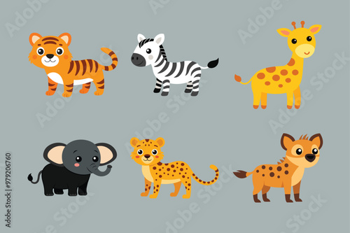 Wildlife Animal Bundle, Lion, Tiger, Cheetah, Elephant, Hyena, Giraffe, Vector Illustration, Safari Animal Clipart photo