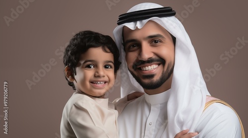 happy family spending time together, arabian father and son  photo