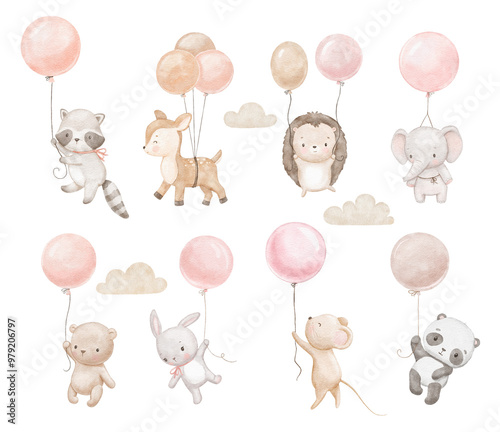 Cute baby panda, elephant and bear are flying with balloons. Watercolor animals in clouds. Hand drawn neutral illustrations set
