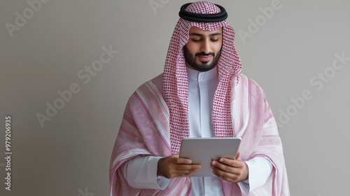 arab businessman using tablet on isolated background