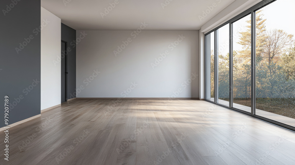 Empty modern interior space with large windows showcasing a natural landscape during daylight Empty modern interior space with large windows showcasing a natural landscape during daylight