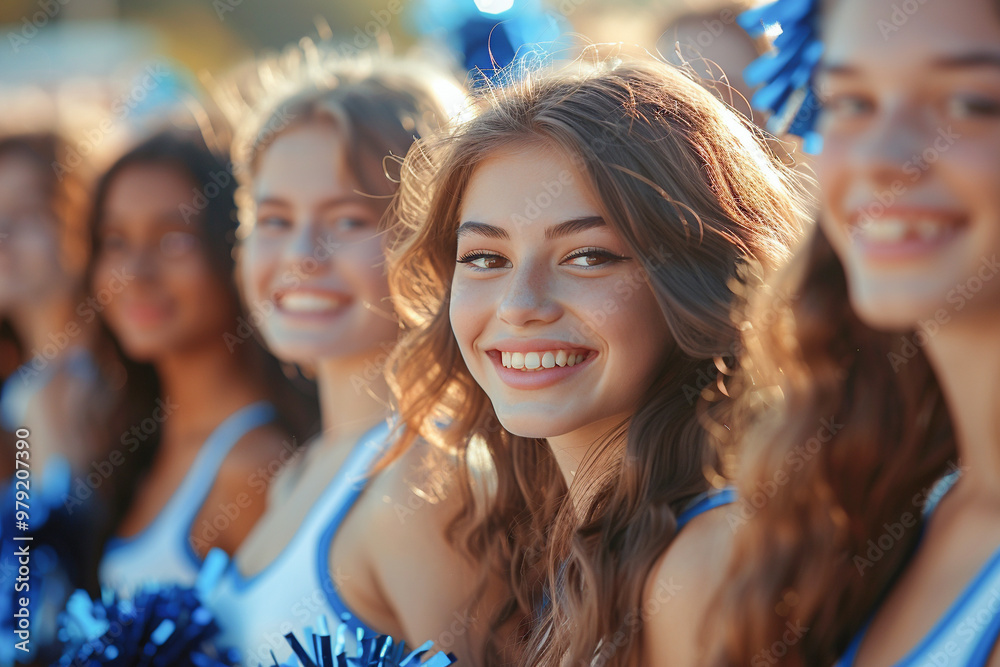 Happy teenagers cheerleaders at a school stadium training, girls in cheerleader uniforms performing stunts at a homecoming rally, group practicing for an American sport competition. Happy teenagers cheerleaders at a school stadium training, girls in cheerleader uniforms performing stunts at a homecoming rally, group practicing for an American sport competition.