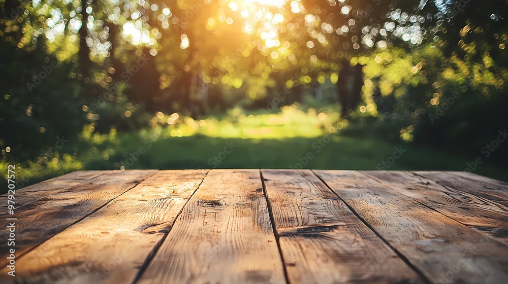 A sunlit wooden table in a serene forest setting. A sunlit wooden table in a serene forest setting.