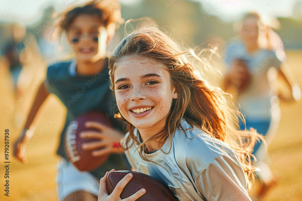 Children at a school stadium playing American football, teamwork and enjoyment, kids sports outdoor activity