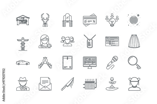 Bulb, Card, Console, Deer, First, Garage, Hairstyle, set of icons for web design, vector illustration