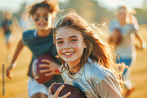 Children at a school stadium playing American football, teamwork and enjoyment, kids sports outdoor activity
