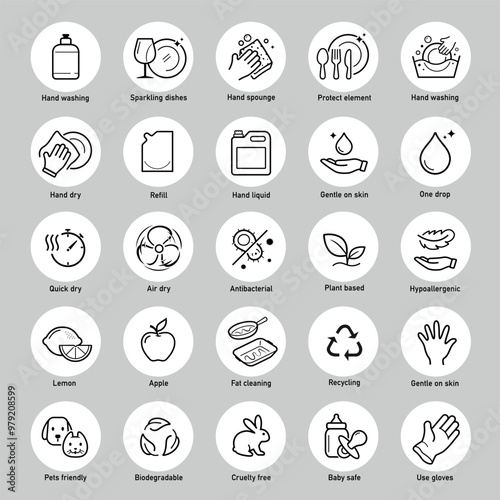 Set icons for hand dishwashing. The outline icons are well scalable and editable. Contrasting vector elements are good for different backgrounds. EPS10.