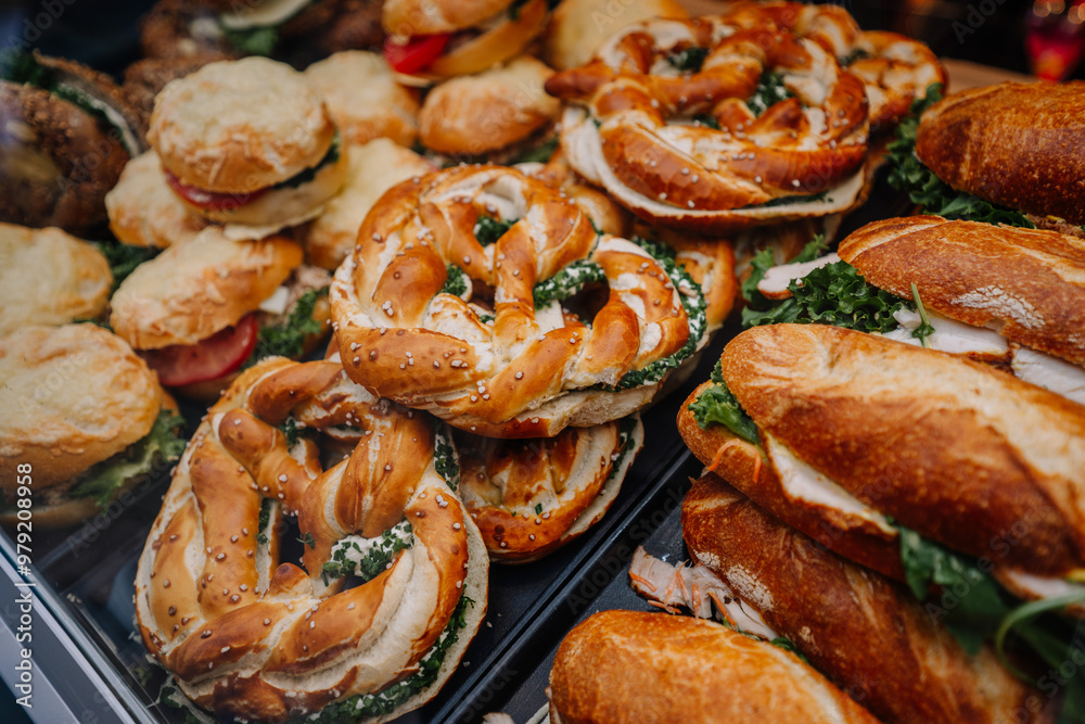 Munich, Germany - September 13, 2024 - A variety of Bavarian-style sandwiches, pretzels with cream cheese and herbs, and fresh bread rolls, displayed in a tray Munich, Germany - September 13, 2024 - A variety of Bavarian-style sandwiches, pretzels with cream cheese and herbs, and fresh bread rolls, displayed in a tray