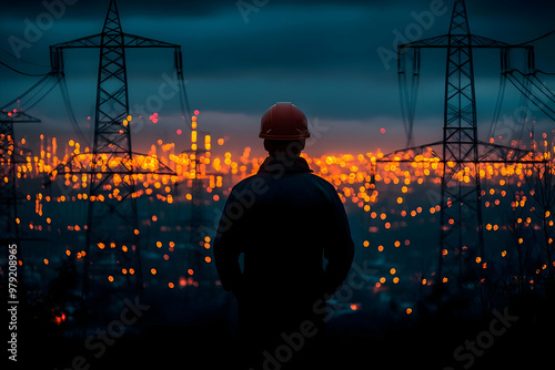 Illustration of Electrical Engineer Silhouetted Against City Lights and Power Lines at Twilight