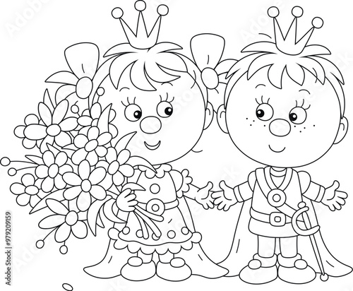 Little prince and princess with a bouquet of beautiful flowers, black and white vector cartoon illustration for a coloring book