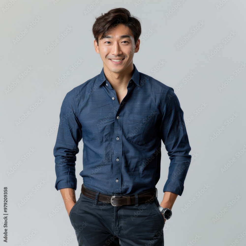 Fototapeta premium Smiling man in blue shirt