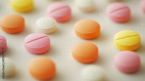 Close up view of various pills and tablets background with the detailed texture view, medicine advertising background