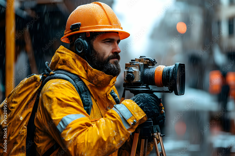 Photo of a Construction Worker in the Snow Filming with a Camera on a Tripod Photo of a Construction Worker in the Snow Filming with a Camera on a Tripod
