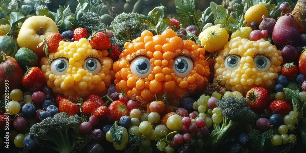 Fototapeta premium A lively cityscape where playful fruits and vegetables with unique personalities create a joyful and engaging environment