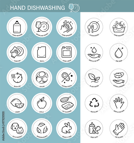 Set icons for hand dishwashing. The outline icons are well scalable and editable. Contrasting vector elements are good for different backgrounds. EPS10.
