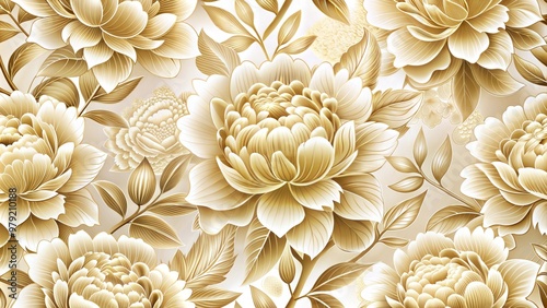 Golden peony floral pattern on a soft beige background, luxurious botanical wallpaper with intricate details