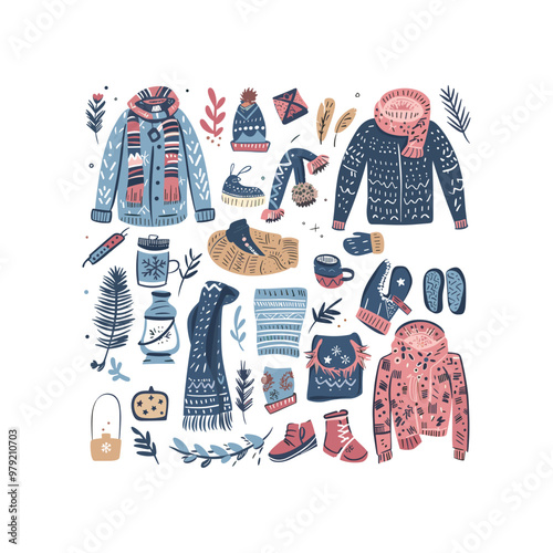set of Cozy winter clothes hand drawn design vector illustration