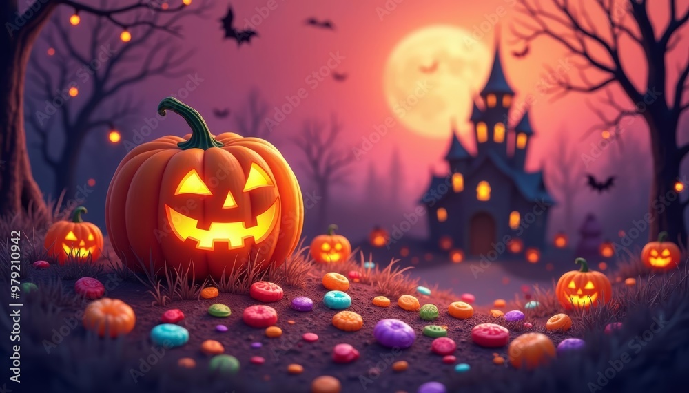 Spooky Halloween scene with jackolanterns and candy Spooky Halloween scene with jackolanterns and candy