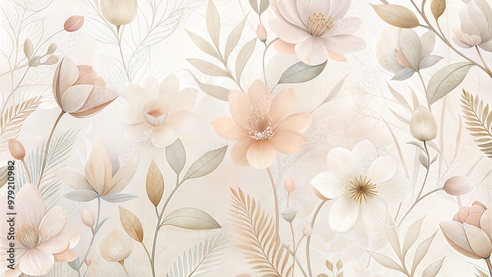 Soft pastel floral background with delicate flowers and leaves, nature-inspired pattern with copy space