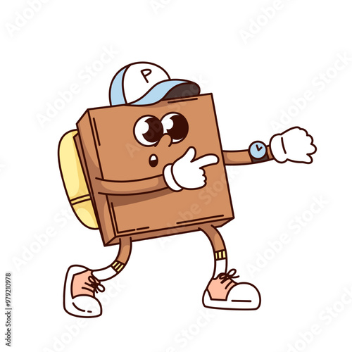 Groovy pizza box cartoon character checking time for delivery. Funny retro package delivering by courier. Fast food restaurant, pizza order mascot, cartoon sticker of 70s 80s style vector illustration