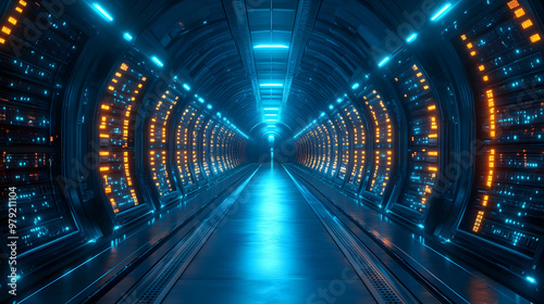 3D Illustration - Futuristic Technology Tunnel with Neon Lights and Data Servers