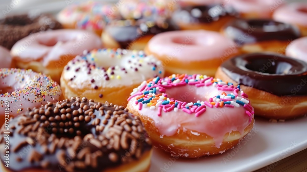 A plate of assorted donuts with sprinkles and chocolate glaze A plate of assorted donuts with sprinkles and chocolate glaze