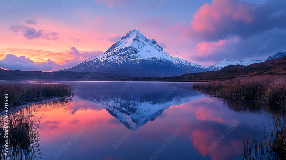 A serene mountain landscape with a reflection in a still lake during sunrise A serene mountain landscape with a reflection in a still lake during sunrise
